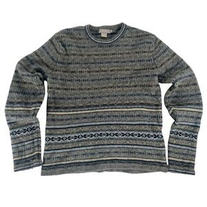 J. Crew Fair Isle 100% Lambswool Blue Gray Crewneck Womens Small Elbow Patches